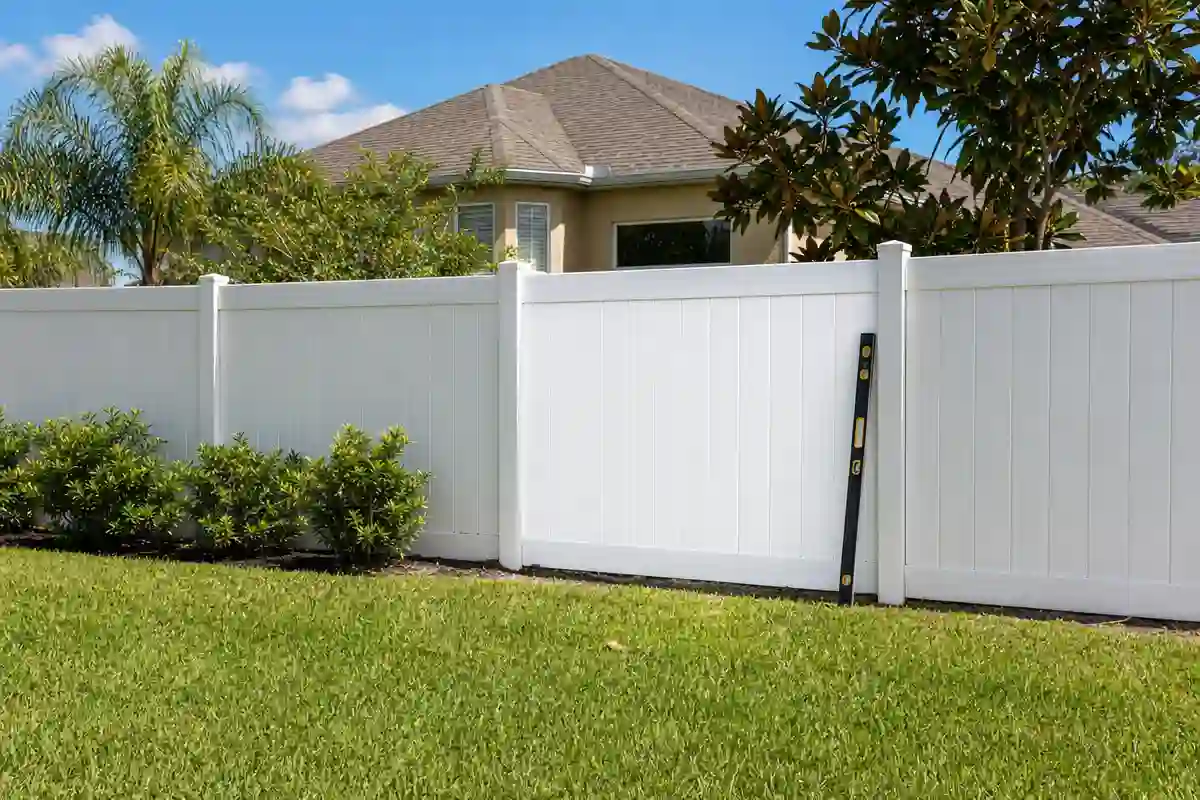 White vinyl privacy fence with a repaired panel around a Jacksonville area home